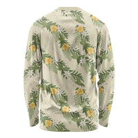 Hawaiian Pikake Maile Lei Long Sleeve Shirt Tiare Hibiscus Kalo Palapalai Leaf Beige