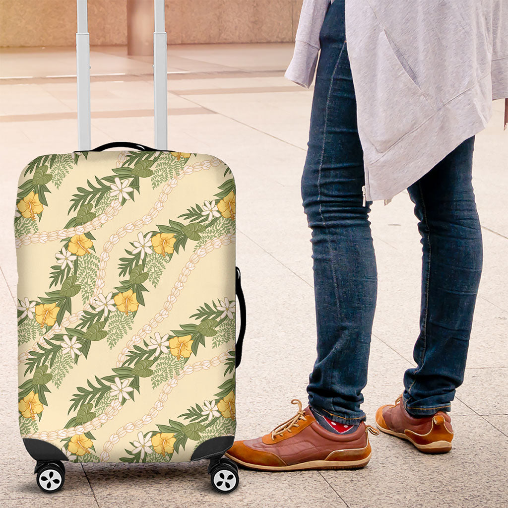 Hawaiian Pikake Maile Lei Luggage Cover Tiare Hibiscus Kalo Palapalai Leaf Beige