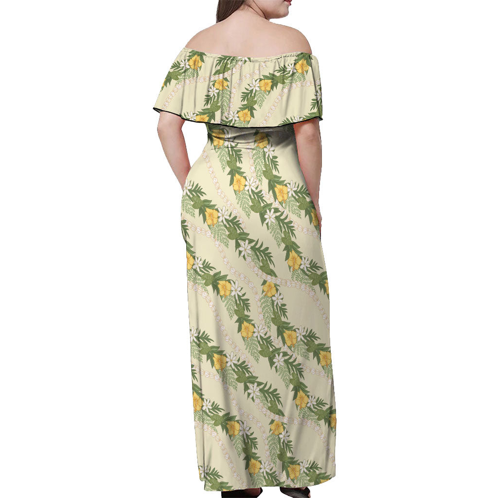 Hawaiian Pikake Maile Lei Off Shoulder Maxi Dress Tiare Hibiscus Kalo Palapalai Leaf Beige LT19 - Polynesian Pride