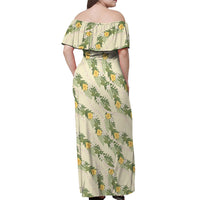 Hawaiian Pikake Maile Lei Off Shoulder Maxi Dress Tiare Hibiscus Kalo Palapalai Leaf Beige LT19 - Polynesian Pride