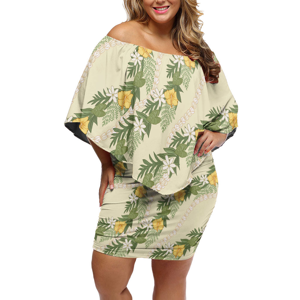 Hawaiian Pikake Maile Lei Off Shoulder Short Dress Tiare Hibiscus Kalo Palapalai Leaf Beige LT19 Women Beige - Polynesian Pride
