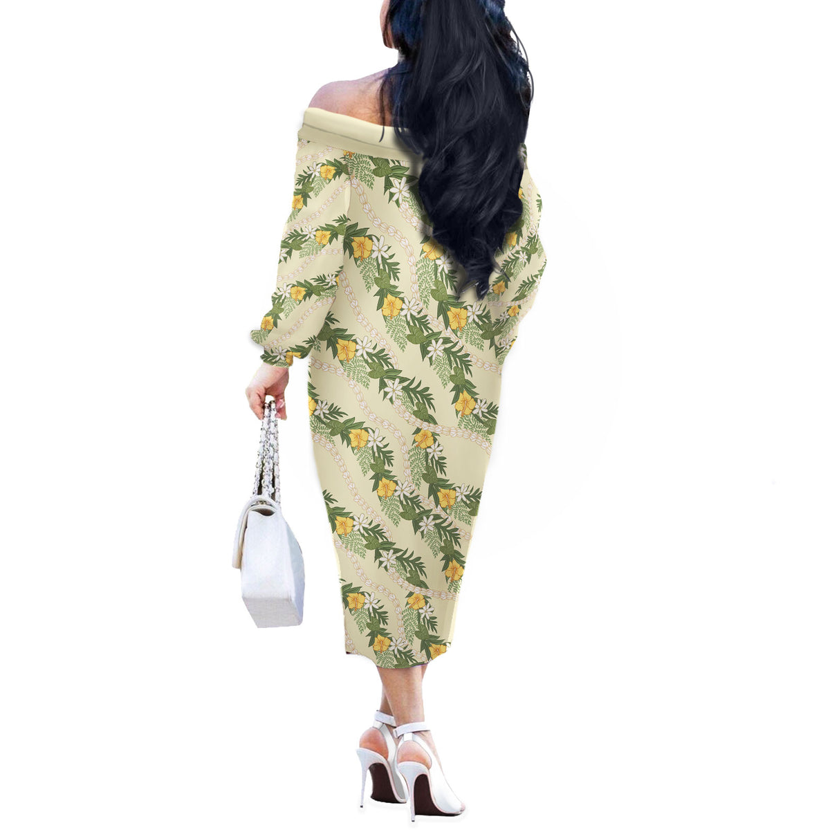 Hawaiian Pikake Maile Lei Off The Shoulder Long Sleeve Dress Tiare Hibiscus Kalo Palapalai Leaf Beige