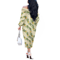 Hawaiian Pikake Maile Lei Off The Shoulder Long Sleeve Dress Tiare Hibiscus Kalo Palapalai Leaf Beige