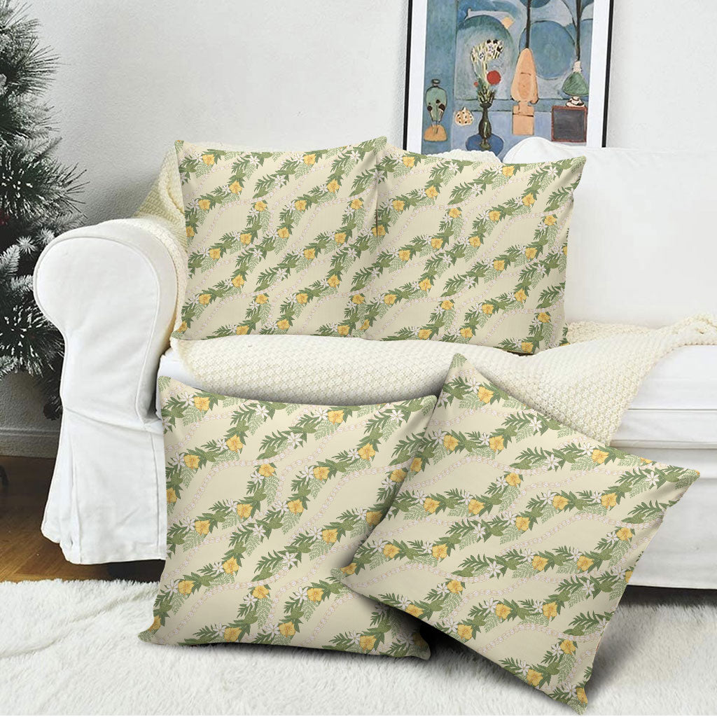 Hawaiian Pikake Maile Lei Pillow Cover Tiare Hibiscus Kalo Palapalai Leaf Beige