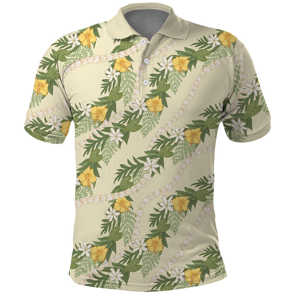 Hawaiian Pikake Maile Lei Polo Shirt Tiare Hibiscus Kalo Palapalai Leaf Beige