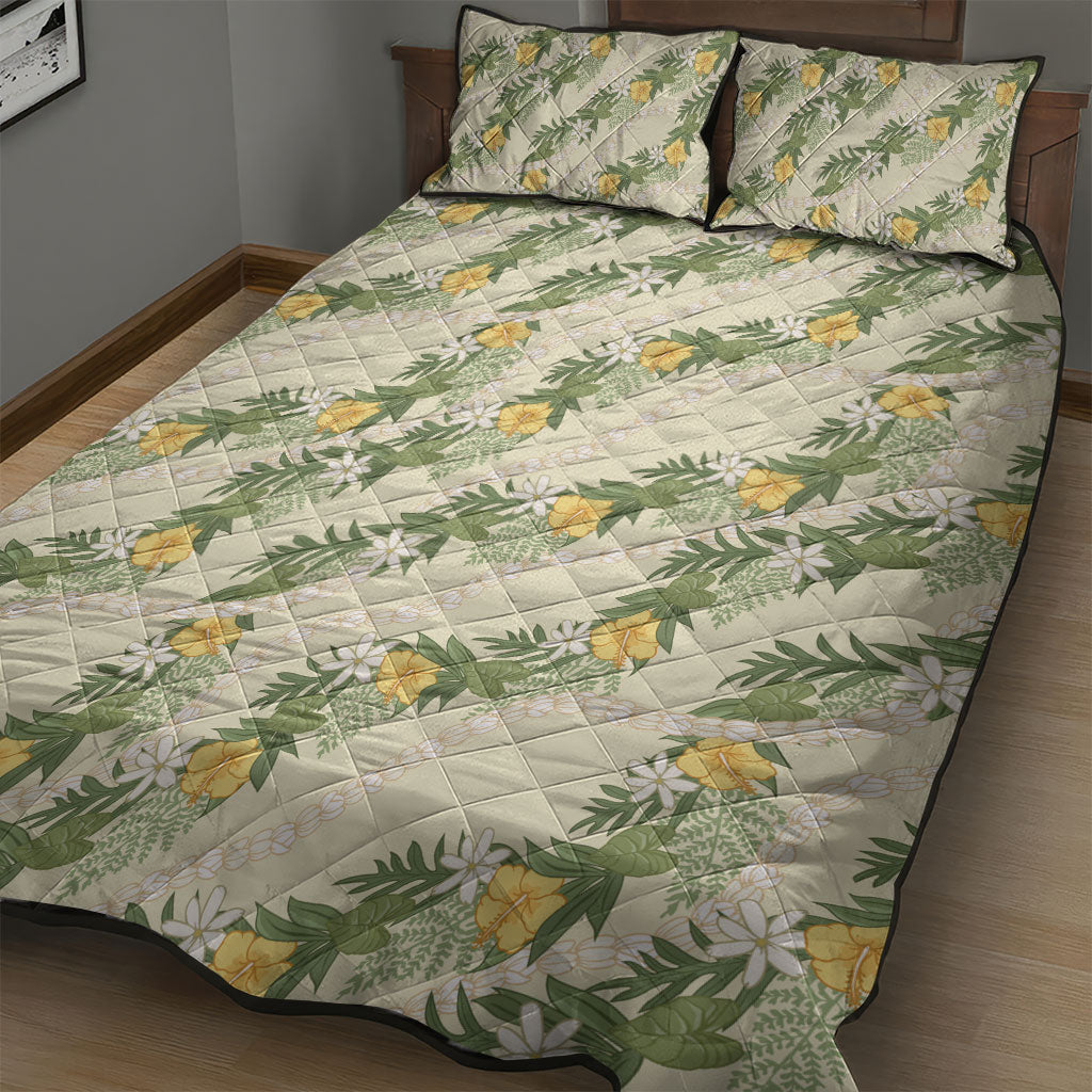 Hawaiian Pikake Maile Lei Quilt Bed Set Tiare Hibiscus Kalo Palapalai Leaf Beige LT19 - Polynesian Pride