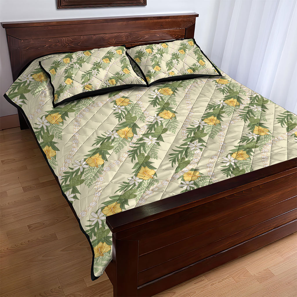 Hawaiian Pikake Maile Lei Quilt Bed Set Tiare Hibiscus Kalo Palapalai Leaf Beige LT19 - Polynesian Pride