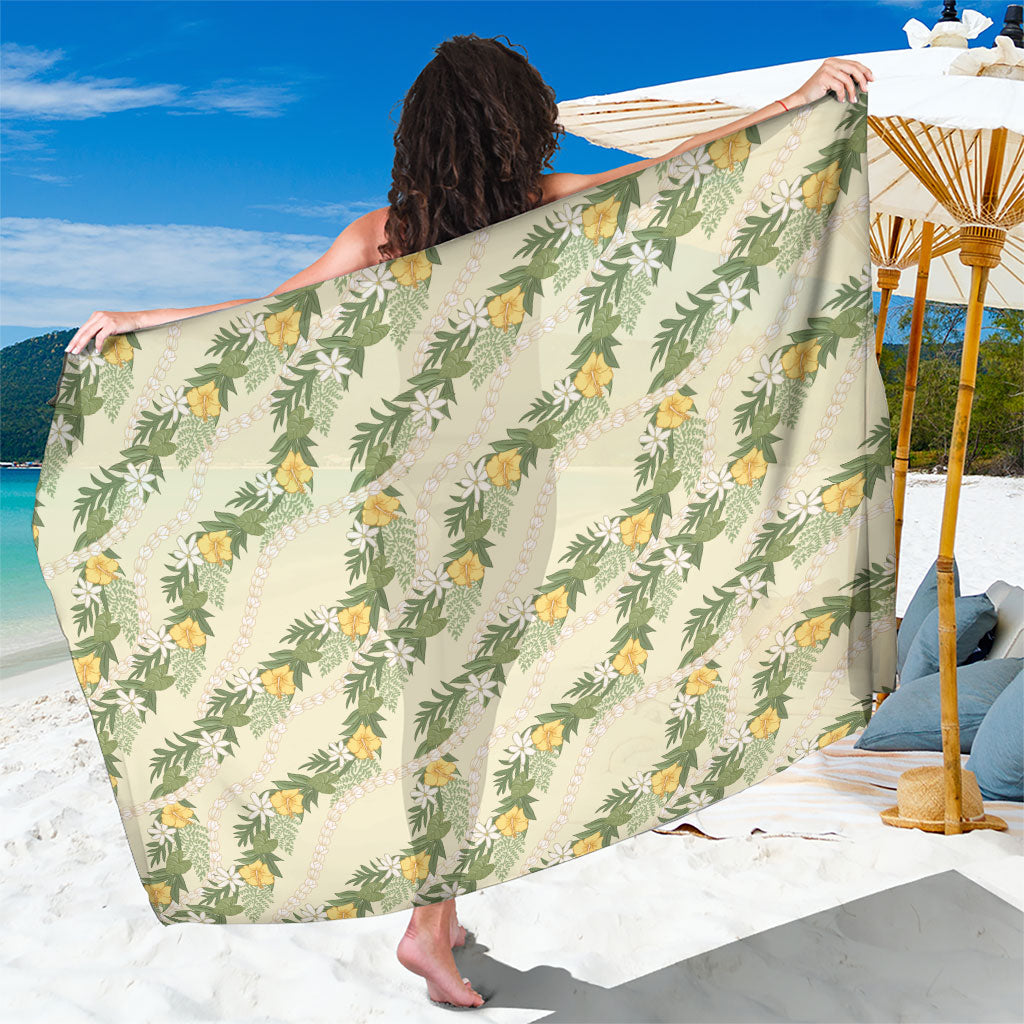 Hawaiian Pikake Maile Lei Sarong Tiare Hibiscus Kalo Palapalai Leaf Beige
