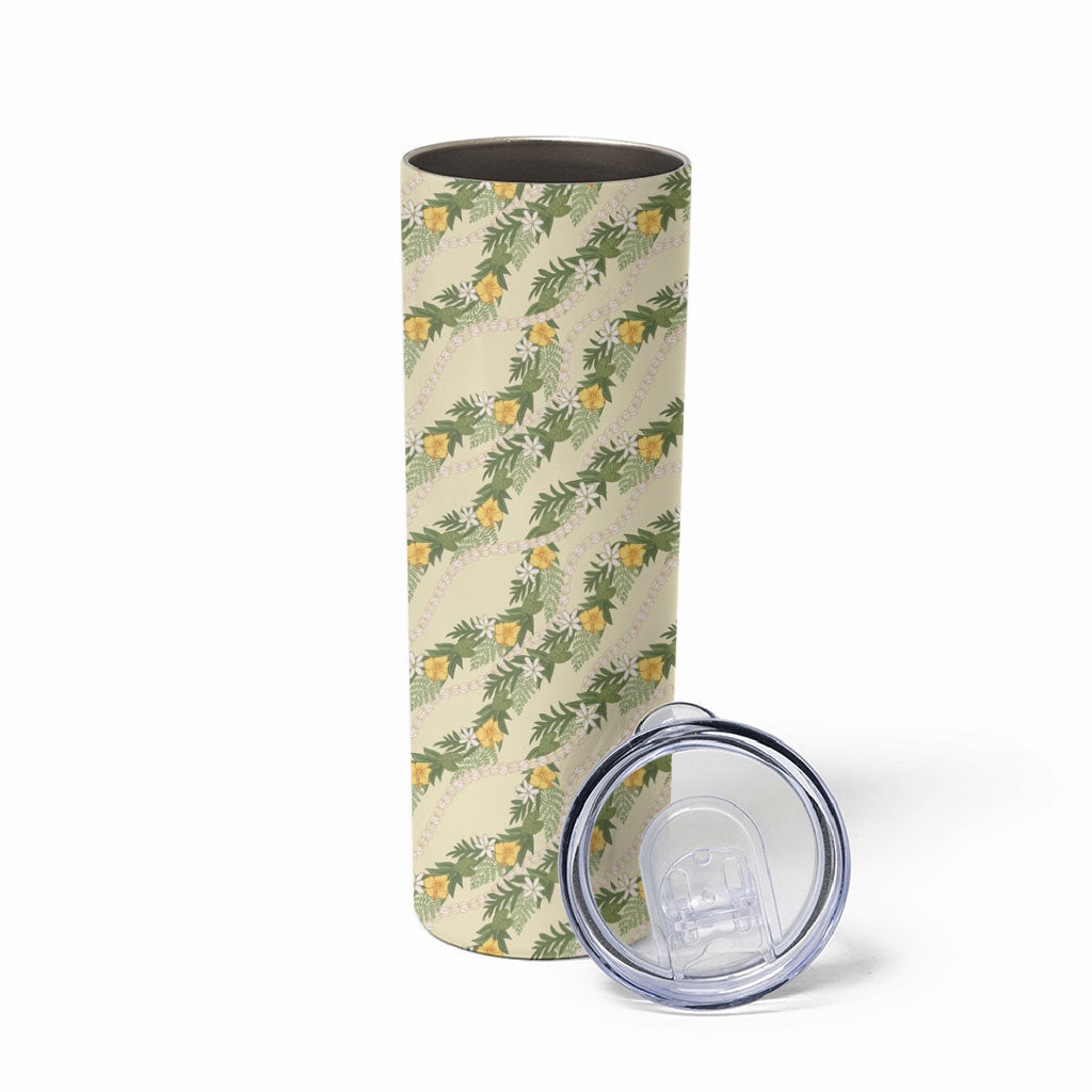 Hawaiian Pikake Maile Lei Skinny Tumbler Tiare Hibiscus Kalo Palapalai Leaf Beige