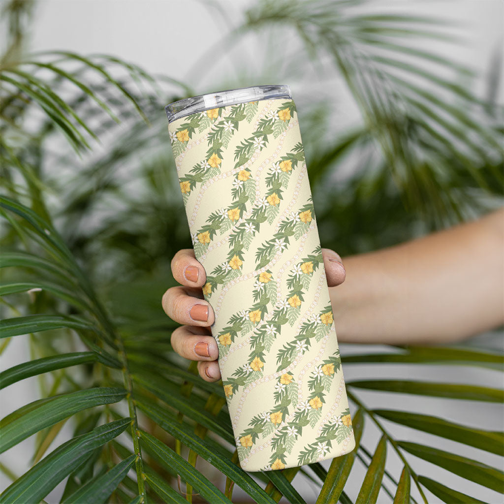 Hawaiian Pikake Maile Lei Skinny Tumbler Tiare Hibiscus Kalo Palapalai Leaf Beige