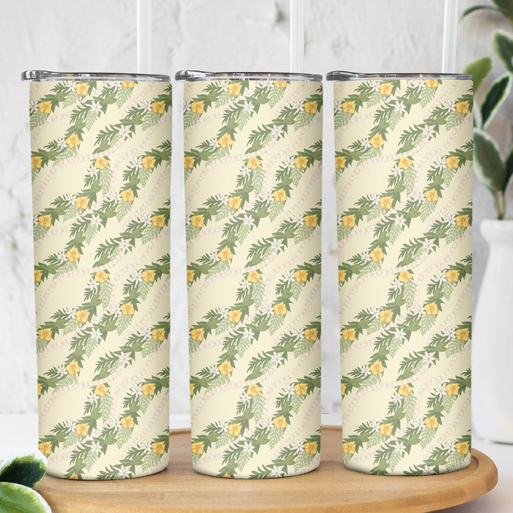 Hawaiian Pikake Maile Lei Skinny Tumbler Tiare Hibiscus Kalo Palapalai Leaf Beige