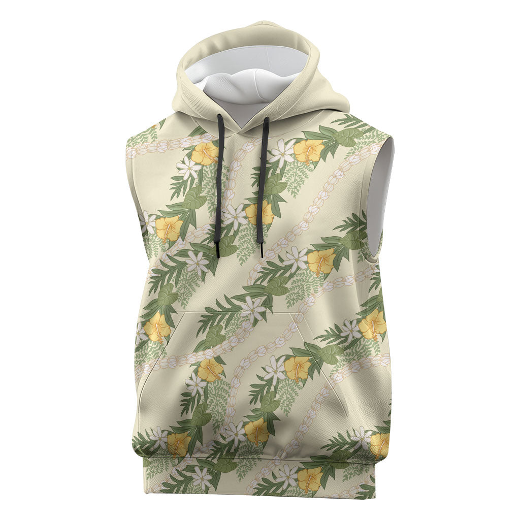 Hawaiian Pikake Maile Lei Sleeveless Hoodie Tiare Hibiscus Kalo Palapalai Leaf Beige