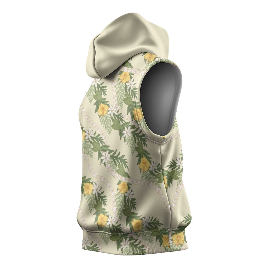 Hawaiian Pikake Maile Lei Sleeveless Hoodie Tiare Hibiscus Kalo Palapalai Leaf Beige