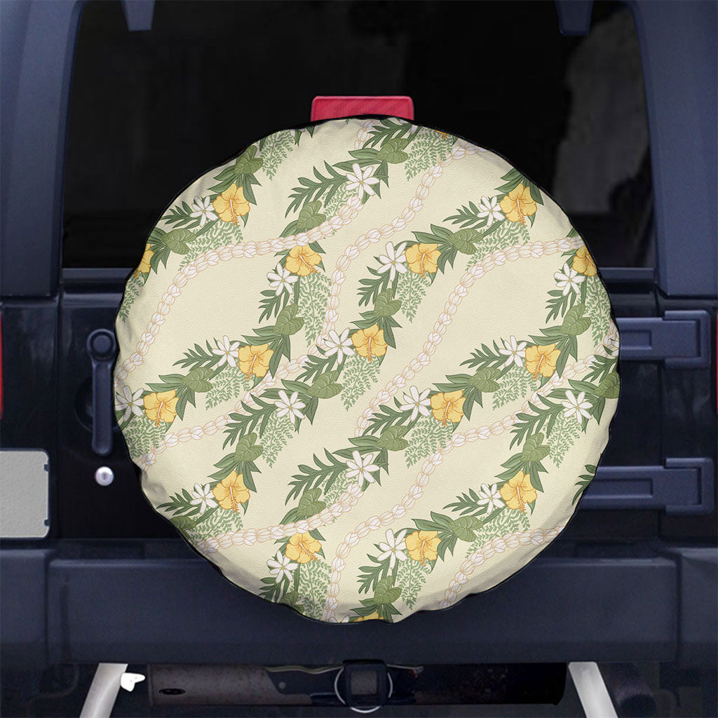 Hawaiian Pikake Maile Lei Spare Tire Cover Tiare Hibiscus Kalo Palapalai Leaf Beige LT19 No hole Beige - Polynesian Pride