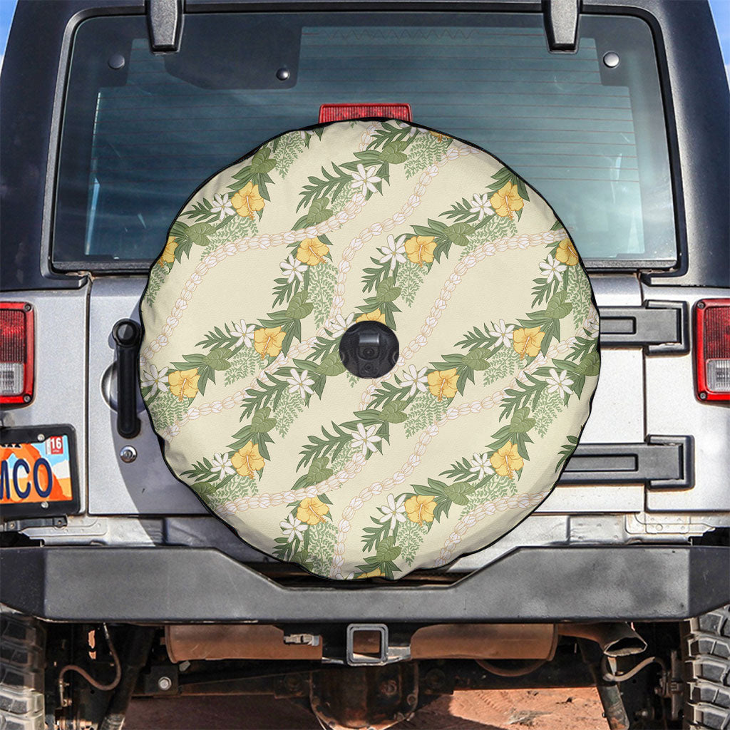 Hawaiian Pikake Maile Lei Spare Tire Cover Tiare Hibiscus Kalo Palapalai Leaf Beige LT19 Beige - Polynesian Pride