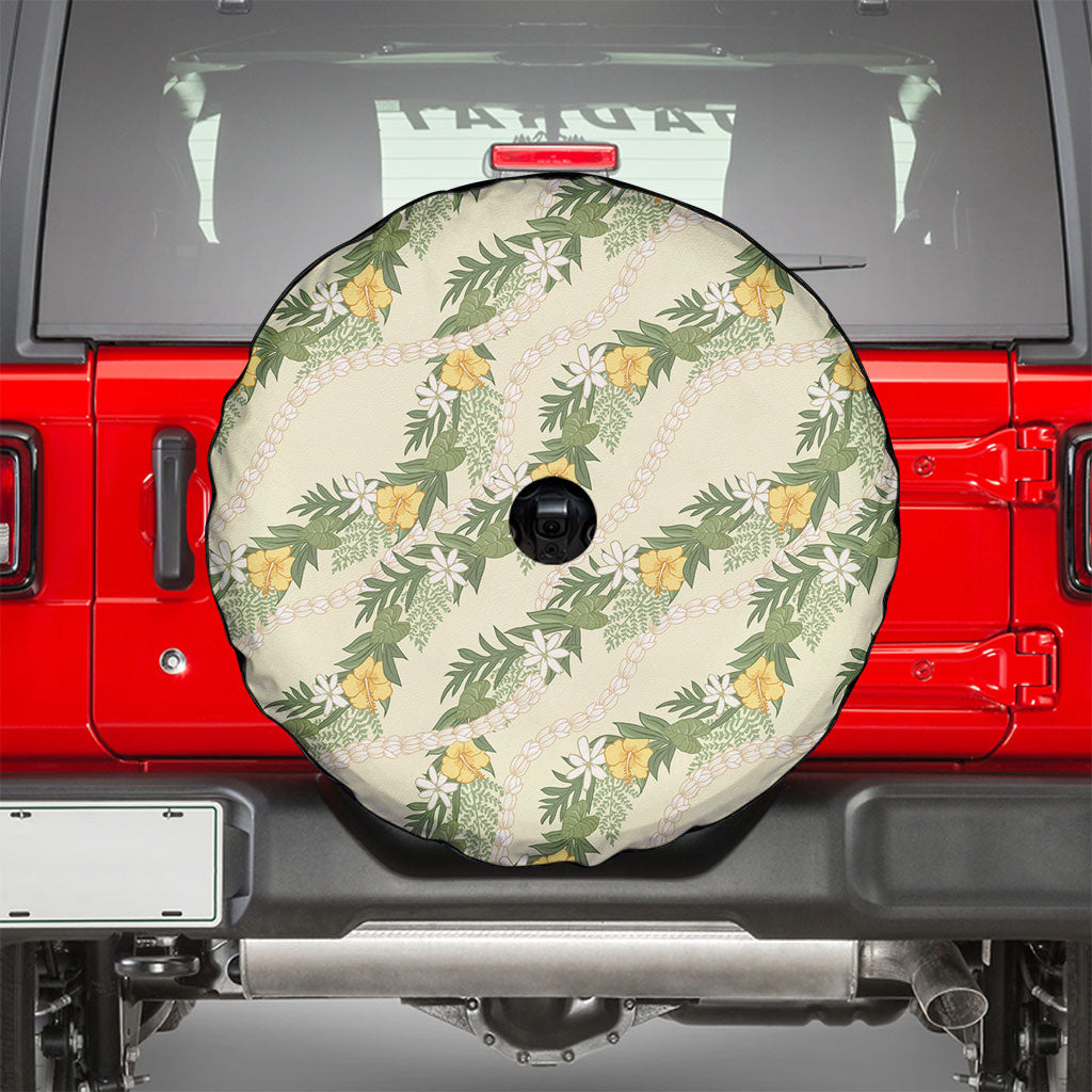 Hawaiian Pikake Maile Lei Spare Tire Cover Tiare Hibiscus Kalo Palapalai Leaf Beige LT19 - Polynesian Pride
