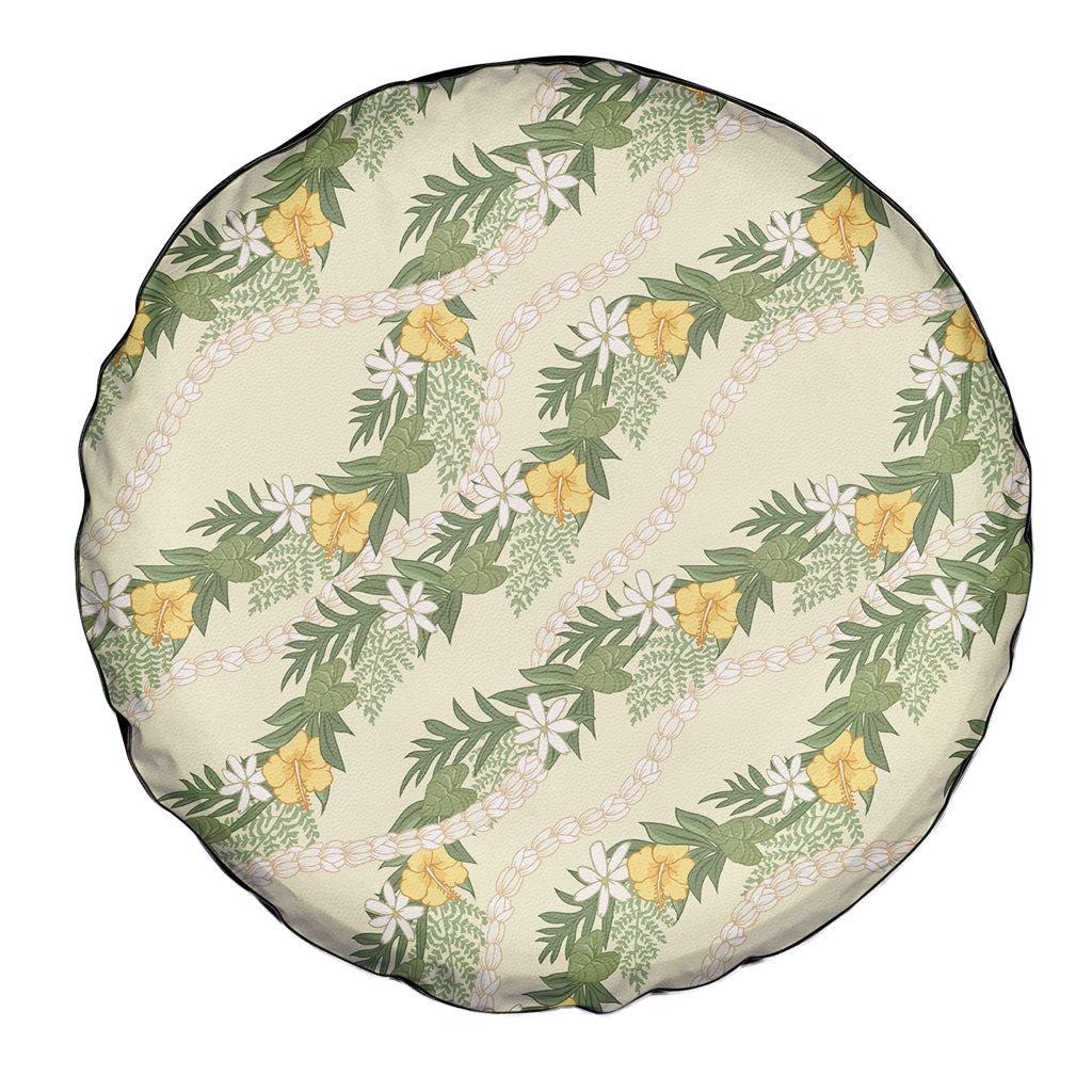Hawaiian Pikake Maile Lei Spare Tire Cover Tiare Hibiscus Kalo Palapalai Leaf Beige LT19 - Polynesian Pride