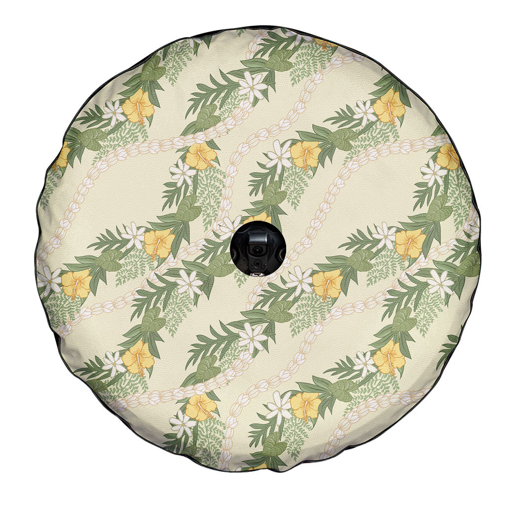 Hawaiian Pikake Maile Lei Spare Tire Cover Tiare Hibiscus Kalo Palapalai Leaf Beige LT19 - Polynesian Pride