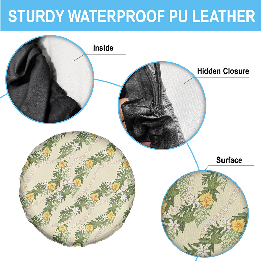 Hawaiian Pikake Maile Lei Spare Tire Cover Tiare Hibiscus Kalo Palapalai Leaf Beige LT19 - Polynesian Pride