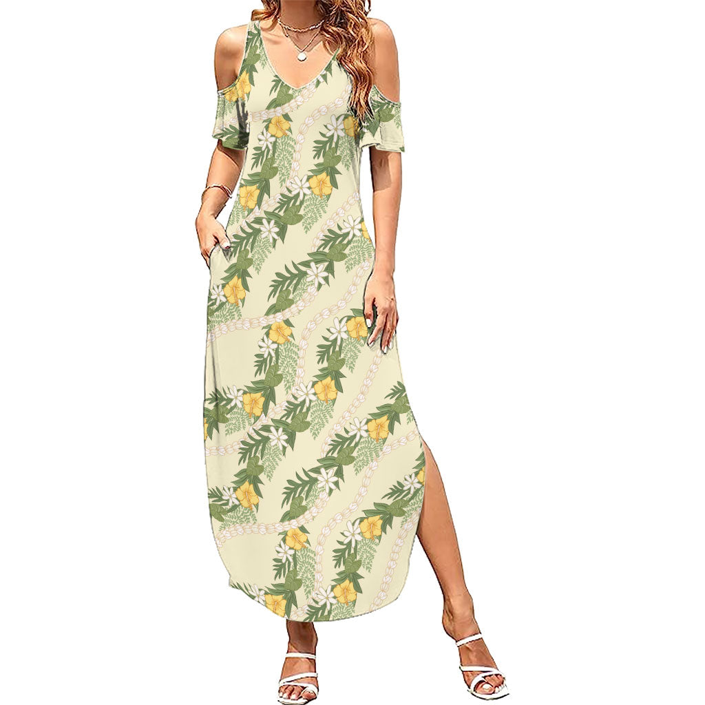 Hawaiian Pikake Maile Lei Summer Maxi Dress Tiare Hibiscus Kalo Palapalai Leaf Beige LT19 Women Beige - Polynesian Pride