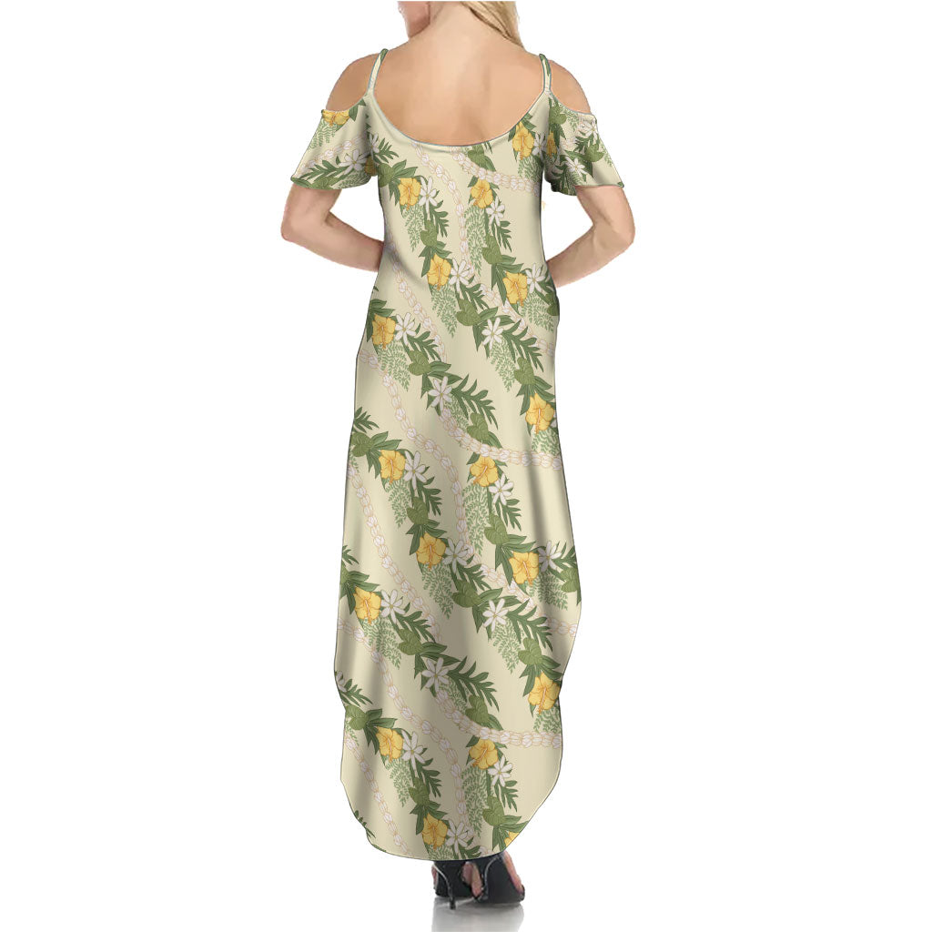 Hawaiian Pikake Maile Lei Summer Maxi Dress Tiare Hibiscus Kalo Palapalai Leaf Beige LT19 - Polynesian Pride