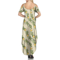 Hawaiian Pikake Maile Lei Summer Maxi Dress Tiare Hibiscus Kalo Palapalai Leaf Beige LT19 - Polynesian Pride