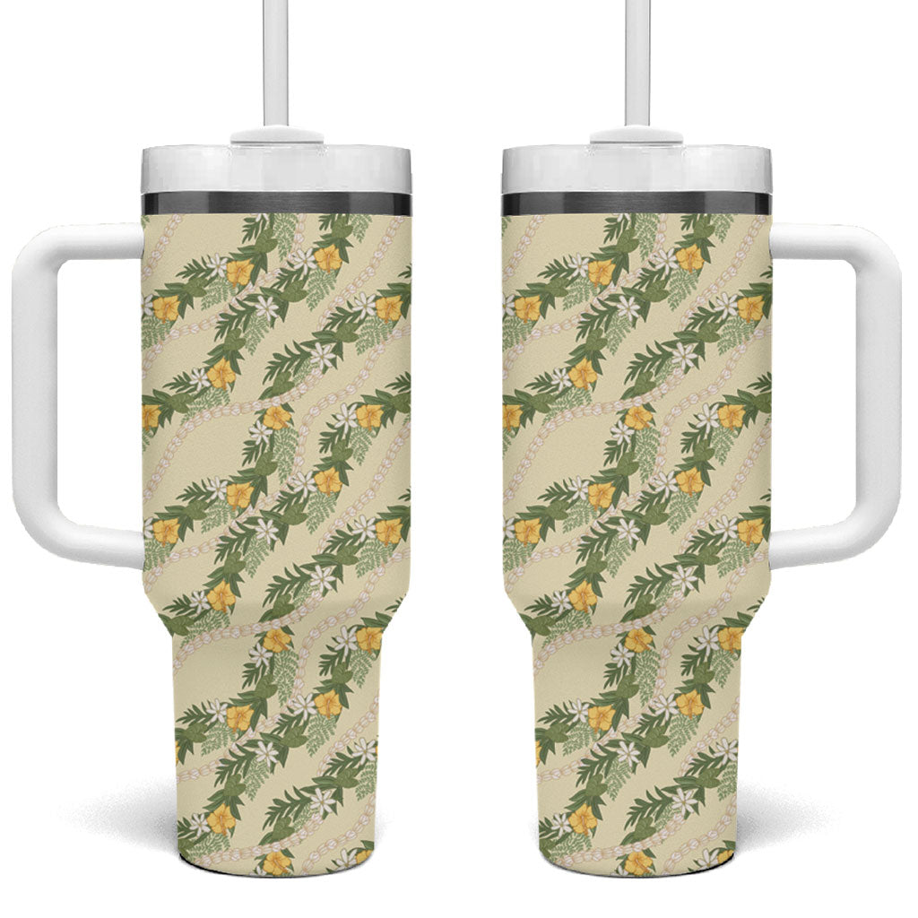 Hawaiian Pikake Maile Lei Tumbler With Handle Tiare Hibiscus Kalo Palapalai Leaf Beige