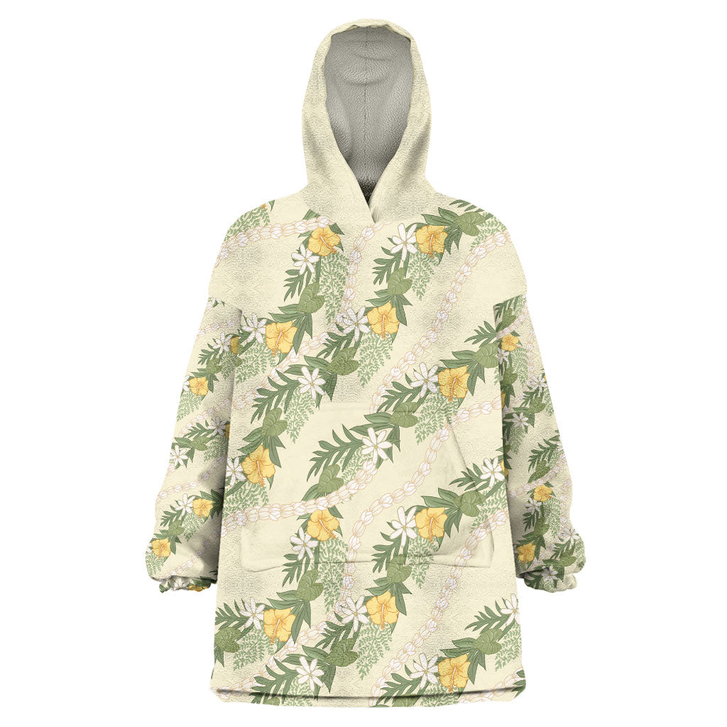 Hawaiian Pikake Maile Lei Wearable Blanket Hoodie Tiare Hibiscus Kalo Palapalai Leaf Beige