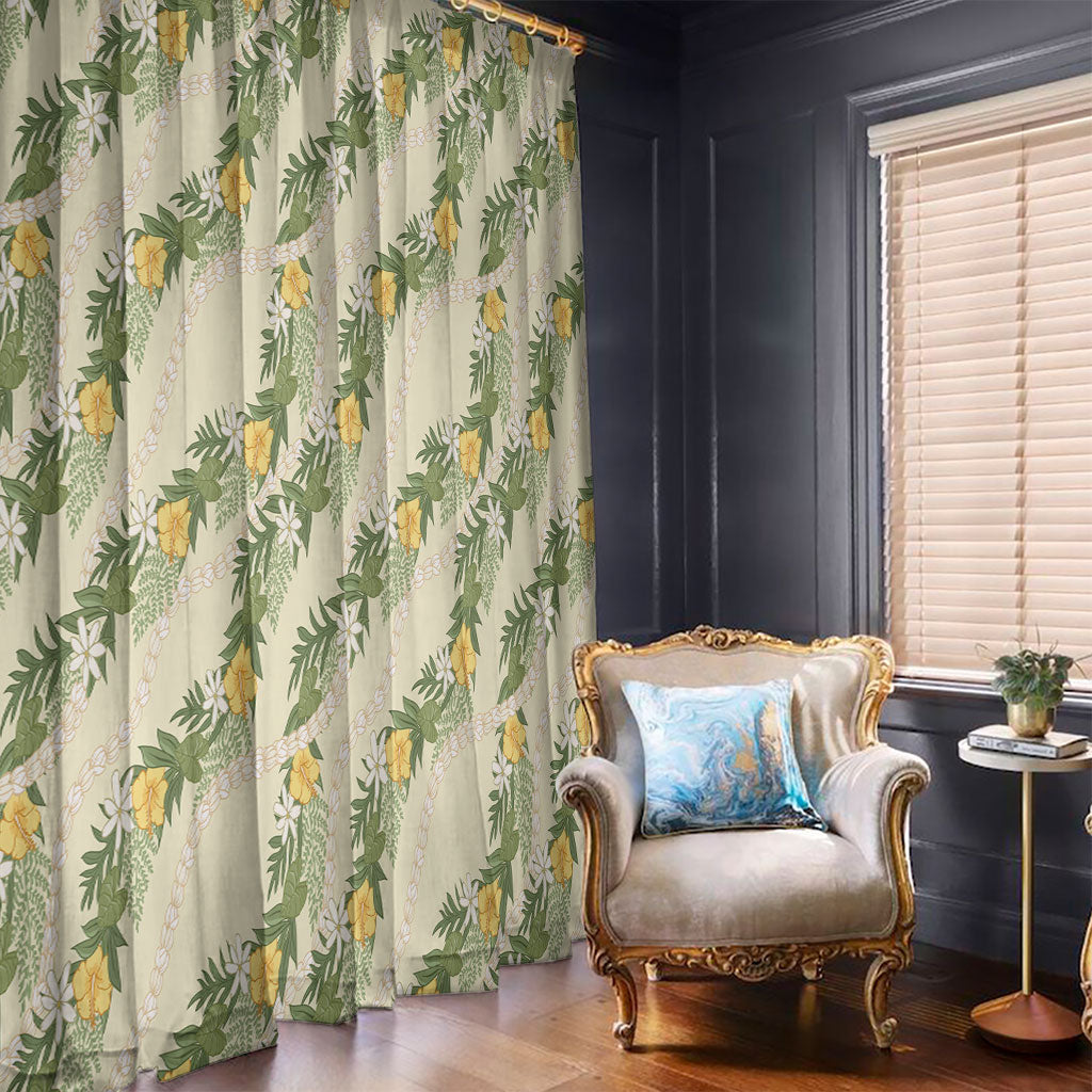 Hawaiian Pikake Maile Lei Window Curtain Tiare Hibiscus Kalo Palapalai Leaf Beige LT19 - Polynesian Pride