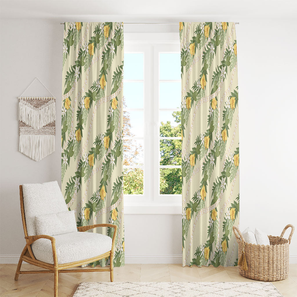 Hawaiian Pikake Maile Lei Window Curtain Tiare Hibiscus Kalo Palapalai Leaf Beige LT19 - Polynesian Pride