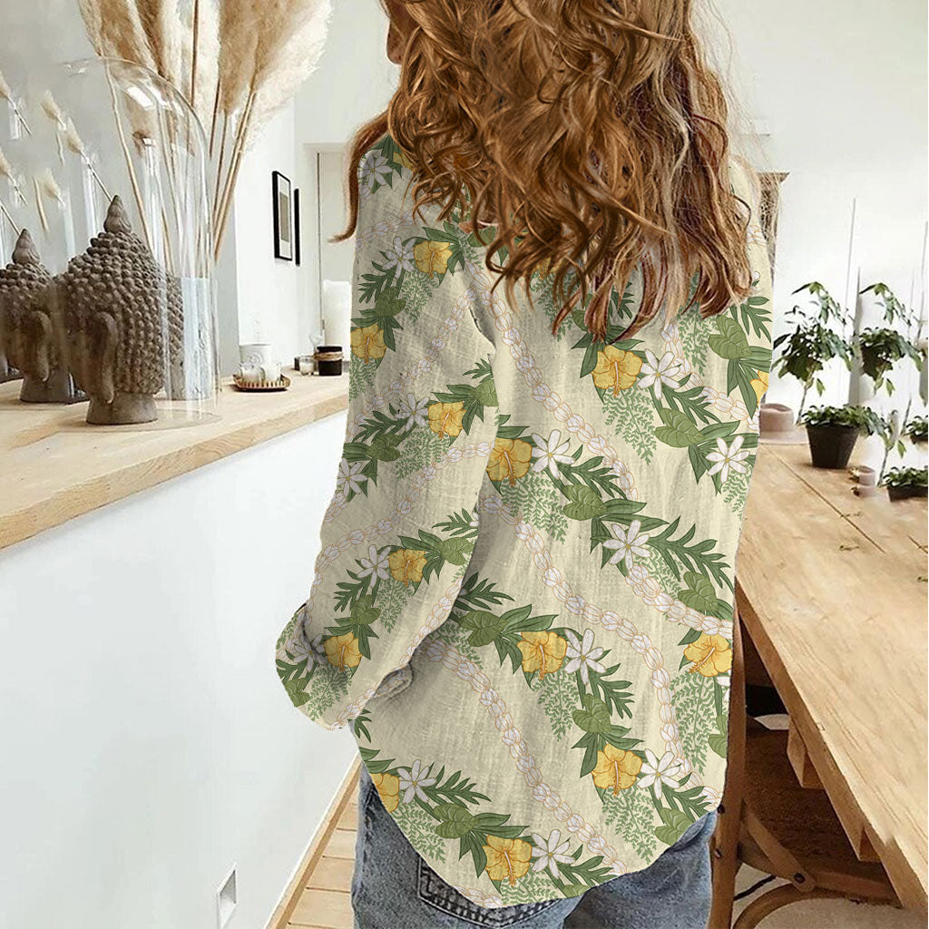 Hawaiian Pikake Maile Lei Women Casual Shirt Tiare Hibiscus Kalo Palapalai Leaf Beige