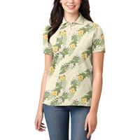 Hawaiian Pikake Maile Lei Women Polo Shirt Tiare Hibiscus Kalo Palapalai Leaf Beige