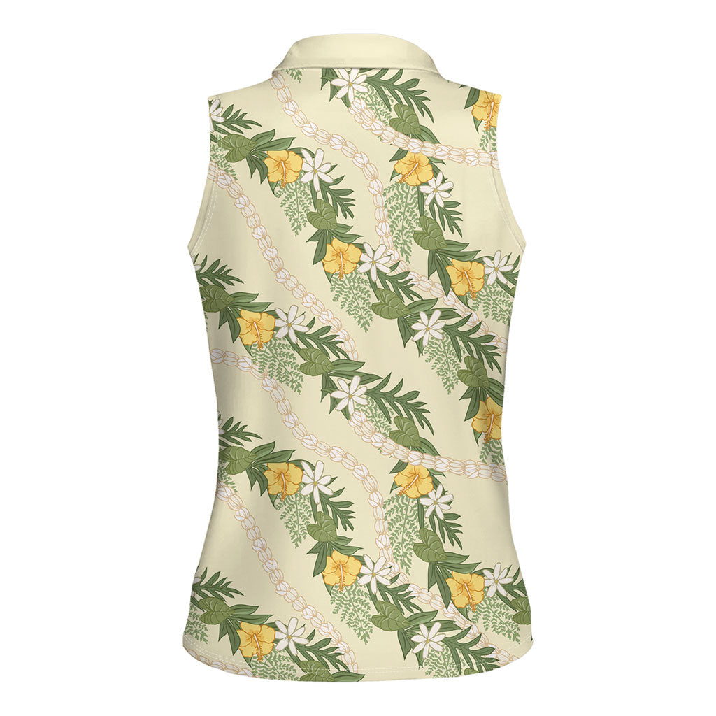 Hawaiian Pikake Maile Lei Women Sleeveless Polo Shirt Tiare Hibiscus Kalo Palapalai Leaf Beige