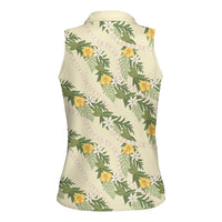Hawaiian Pikake Maile Lei Women Sleeveless Polo Shirt Tiare Hibiscus Kalo Palapalai Leaf Beige