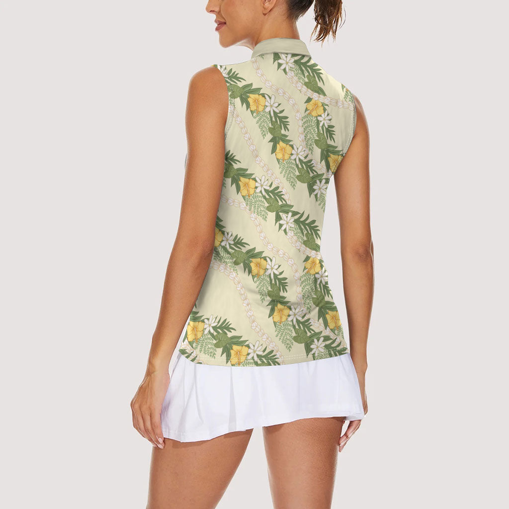 Hawaiian Pikake Maile Lei Women Sleeveless Polo Shirt Tiare Hibiscus Kalo Palapalai Leaf Beige