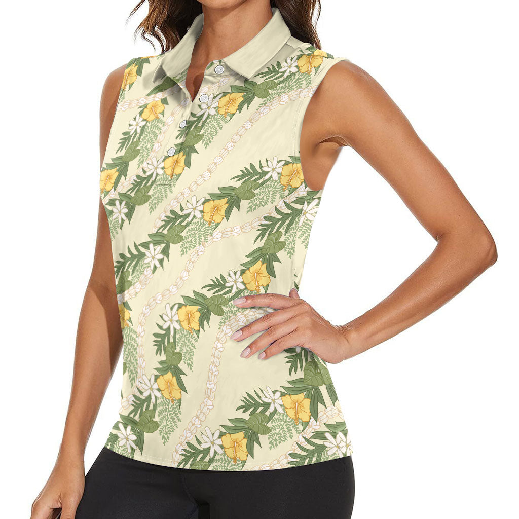 Hawaiian Pikake Maile Lei Women Sleeveless Polo Shirt Tiare Hibiscus Kalo Palapalai Leaf Beige