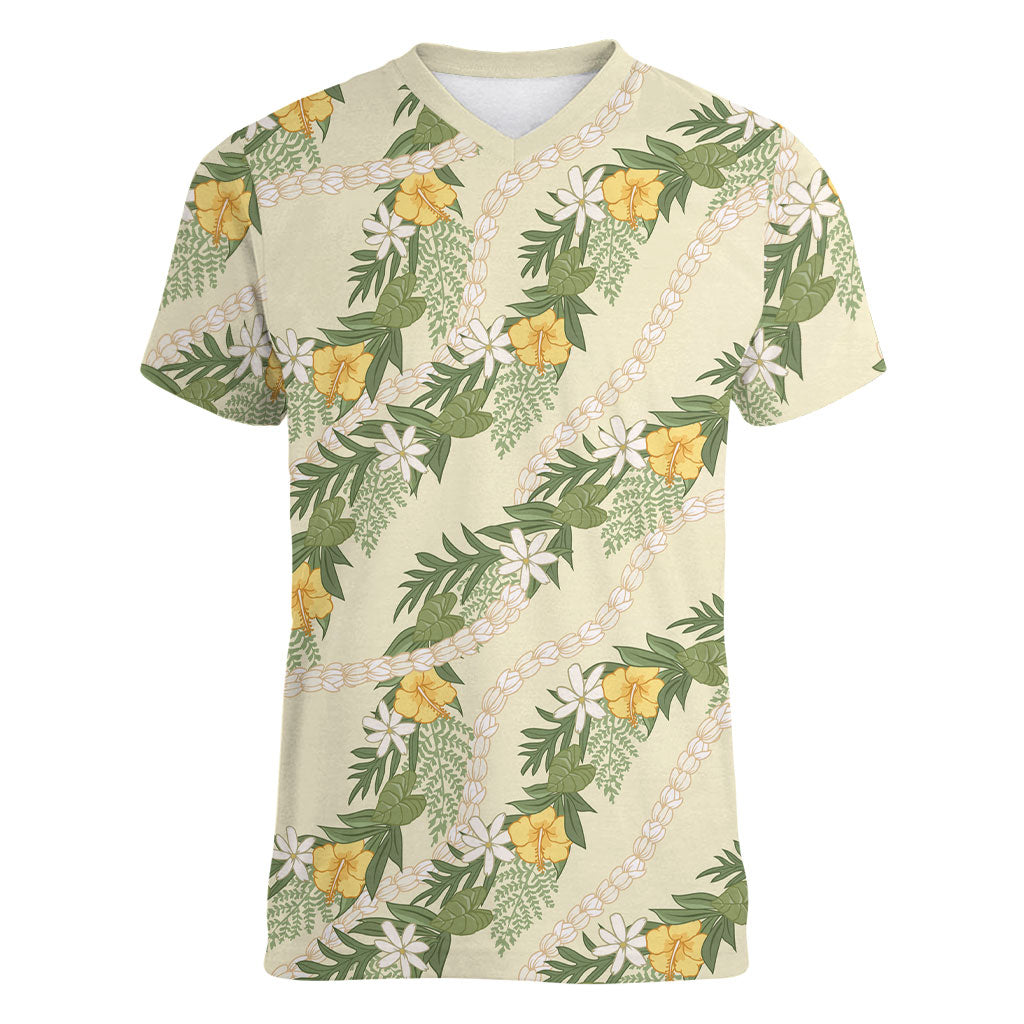 Hawaiian Pikake Maile Lei Women V-Neck T-Shirt Tiare Hibiscus Kalo Palapalai Leaf Beige