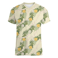 Hawaiian Pikake Maile Lei Women V-Neck T-Shirt Tiare Hibiscus Kalo Palapalai Leaf Beige