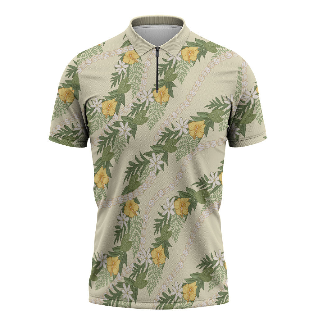 Hawaiian Pikake Maile Lei Zipper Polo Shirt Tiare Hibiscus Kalo Palapalai Leaf Beige