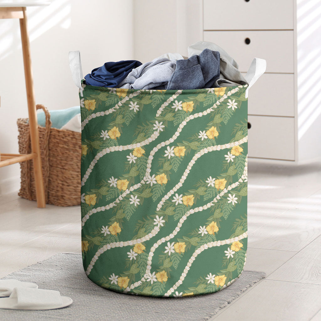 Hawaiian Pikake Maile Lei Laundry Basket Tiare Hibiscus Kalo Palapalai Leaf Green