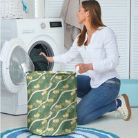 Hawaiian Pikake Maile Lei Laundry Basket Tiare Hibiscus Kalo Palapalai Leaf Green