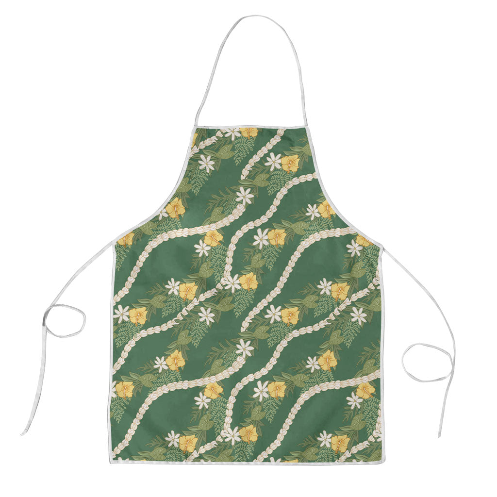 Hawaiian Pikake Maile Lei Apron Tiare Hibiscus Kalo Palapalai Leaf Green