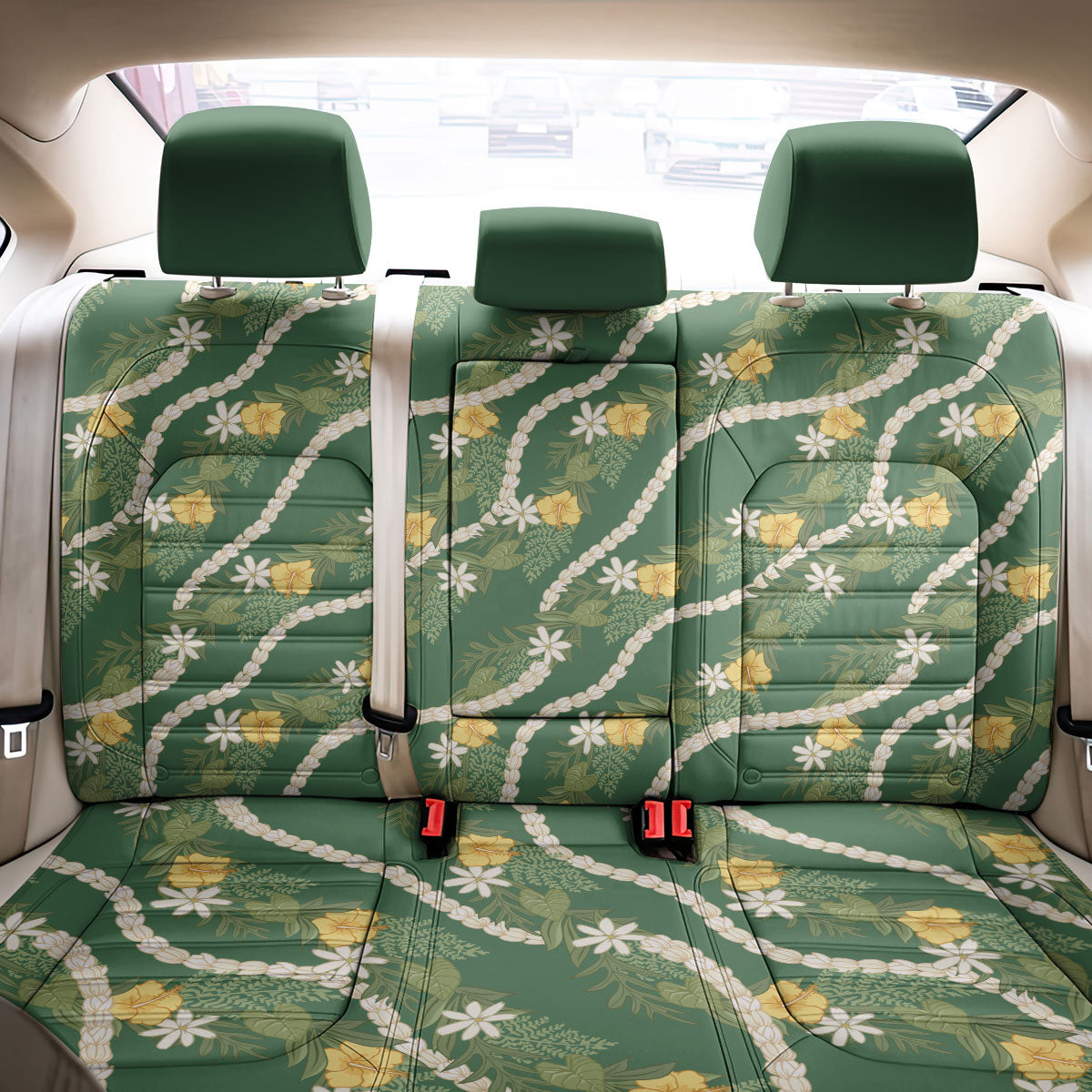Hawaiian Pikake Maile Lei Back Car Seat Cover Tiare Hibiscus Kalo Palapalai Leaf Green LT19 - Polynesian Pride