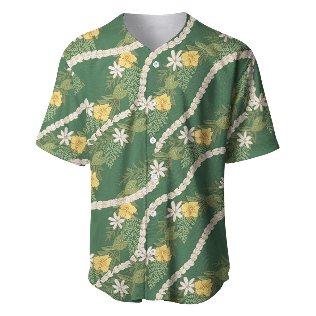 Hawaiian Pikake Maile Lei Baseball Jersey Tiare Hibiscus Kalo Palapalai Leaf Green