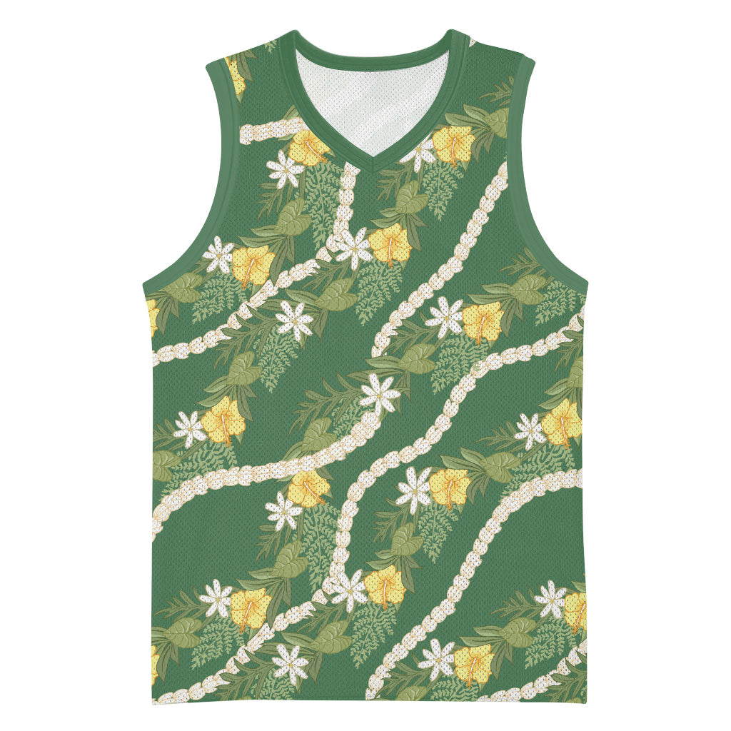 Hawaiian Pikake Maile Lei Basketball Jersey Tiare Hibiscus Kalo Palapalai Leaf Green