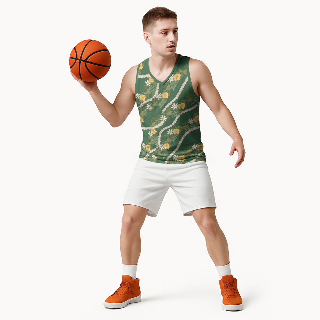 Hawaiian Pikake Maile Lei Basketball Jersey Tiare Hibiscus Kalo Palapalai Leaf Green