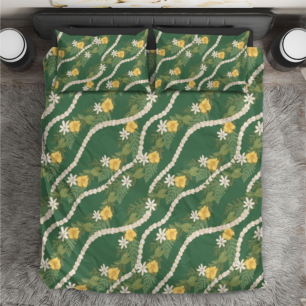 Hawaiian Pikake Maile Lei Bedding Set Tiare Hibiscus Kalo Palapalai Leaf Green