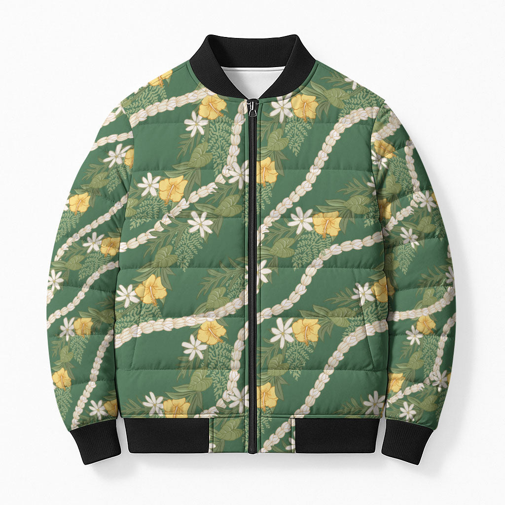 Hawaiian Pikake Maile Lei Bomber Puffer Jacket Tiare Hibiscus Kalo Palapalai Leaf Green LT19 Unisex Green - Polynesian Pride