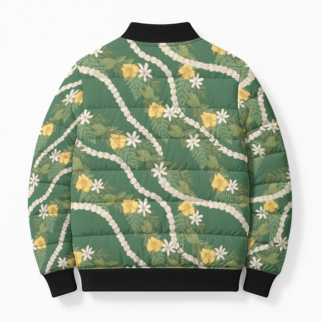 Hawaiian Pikake Maile Lei Bomber Puffer Jacket Tiare Hibiscus Kalo Palapalai Leaf Green LT19 - Polynesian Pride