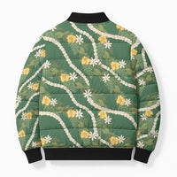 Hawaiian Pikake Maile Lei Bomber Puffer Jacket Tiare Hibiscus Kalo Palapalai Leaf Green LT19 - Polynesian Pride